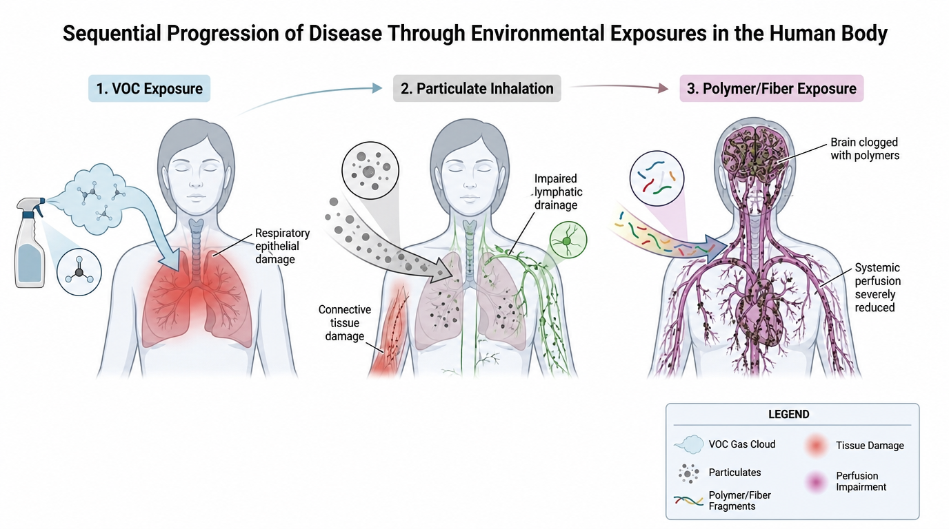 Diagram showing three sequential stages: VOC exposure causing respiratory epithelial damage, particulate inhalation causing connective tissue damage and impaired lymphatic drainage, and polymer or fibre exposure clogging the brain and severely reducing systemic perfusion.